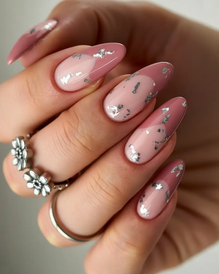 playful spring almond nails 2026 Blush Ombre with Silver Foil Accents