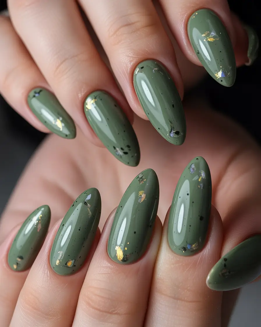 playful spring almond nails 2026 Olive Green Gloss with Gold Fleck Detail