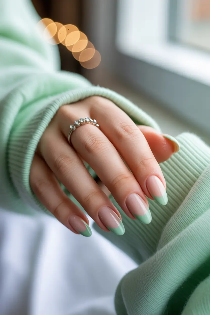 playful spring almond nails 2026 Mint Green Micro French on Nude Base