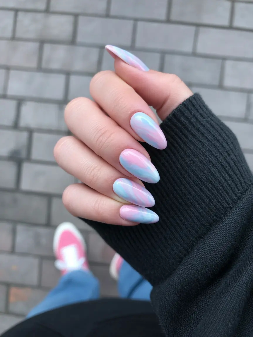 playful spring almond nails 2026 Pastel Swirl Ombre in Cotton Candy Tones