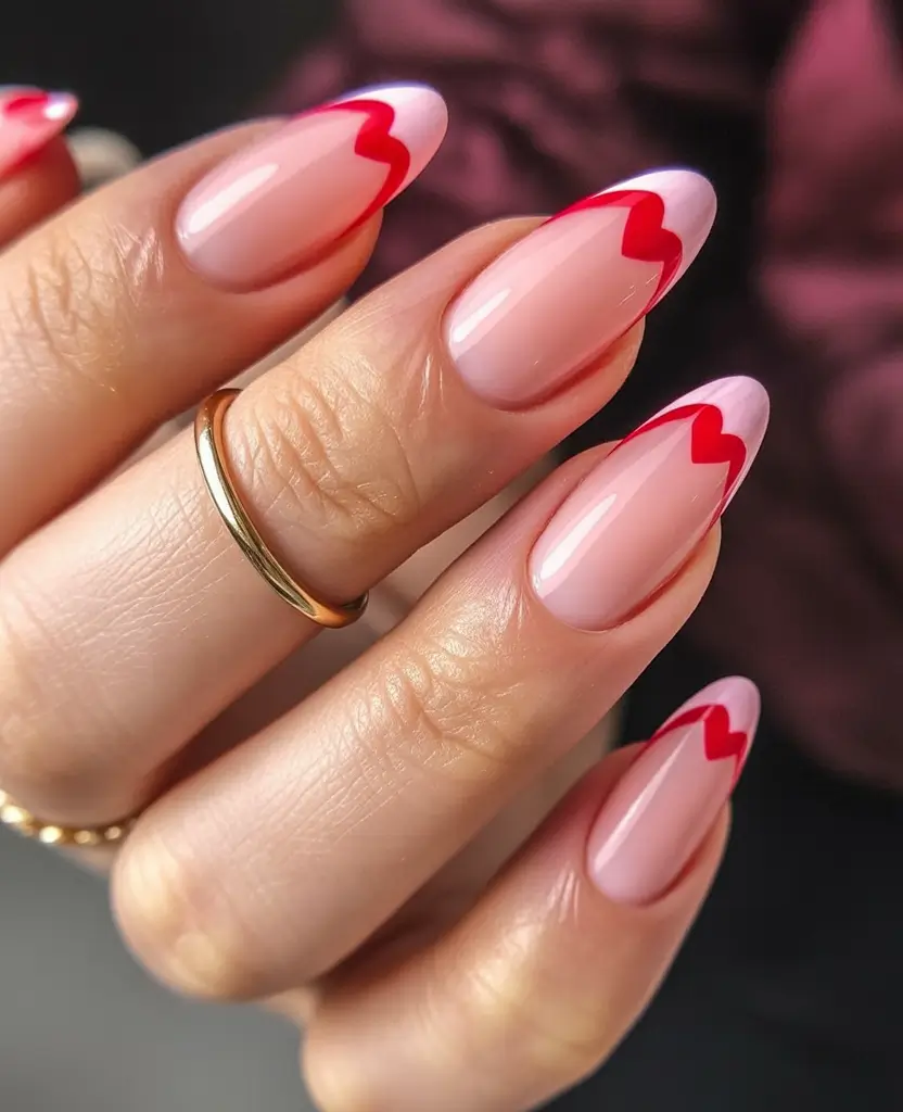 playful spring almond nails 2026 Blush Almond with Bold Red Heart French
