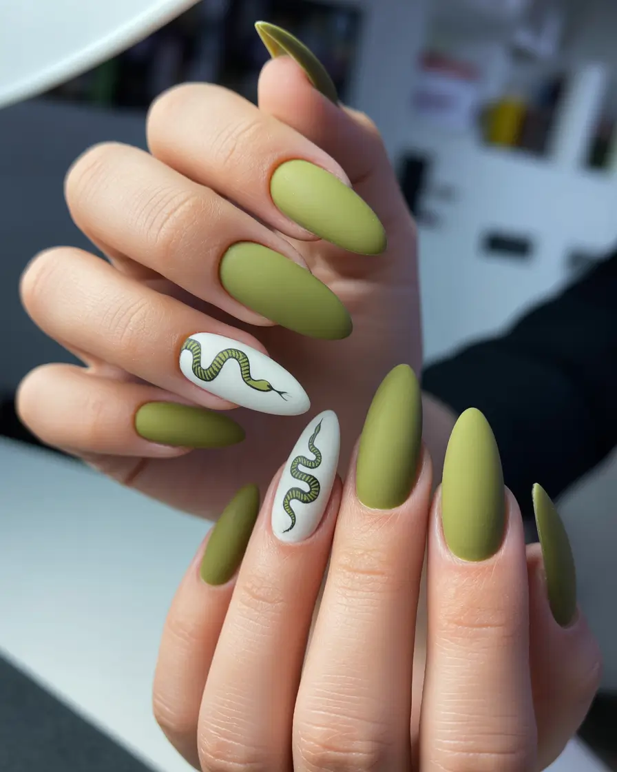 playful spring almond nails 2026 Matte Olive Almond with Snake Art Accent