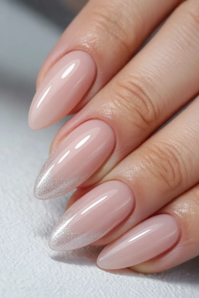 playful spring almond nails 2026 Blush Almond with Silver Glitter Fade