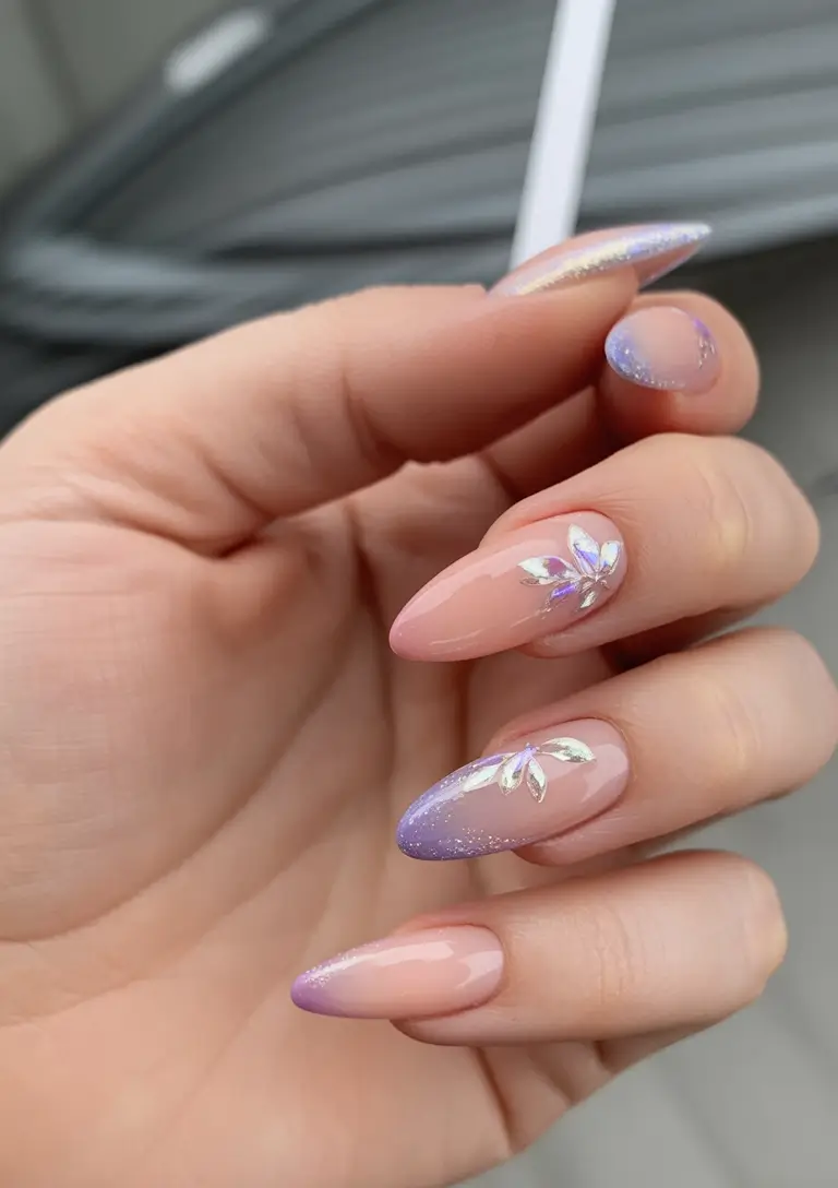 playful spring almond nails 2026 Blush and Lilac Ombre with Crystal Florals