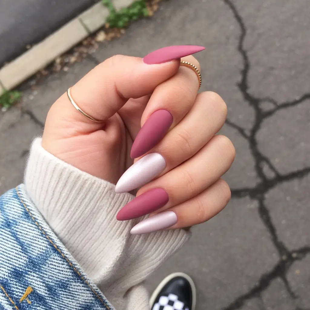 playful spring almond nails 2026 Matte Rose and Soft Lilac Color Play