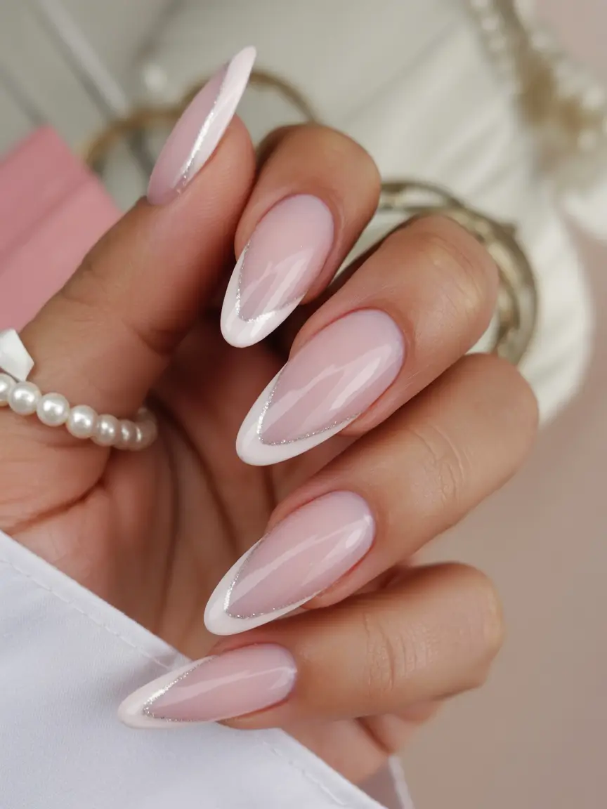 playful spring almond nails 2026 Soft Blush French with Silver Outline