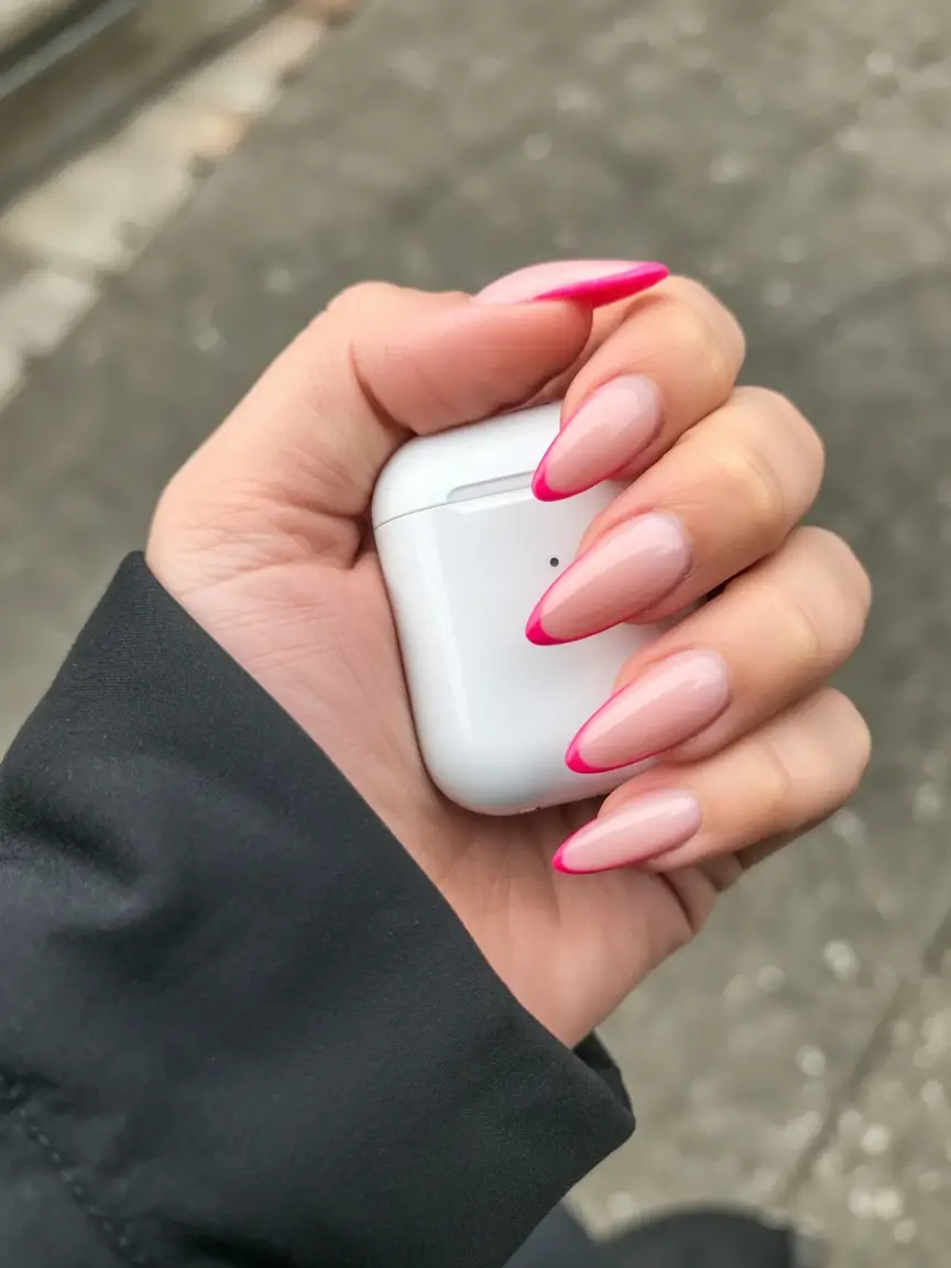playful spring almond nails 2026 Sheer Nude with Hot Pink French Tips