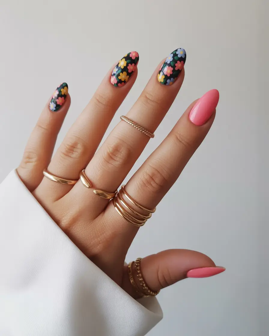 playful spring almond nails 2026 Dark Floral Garden on Almond Nails