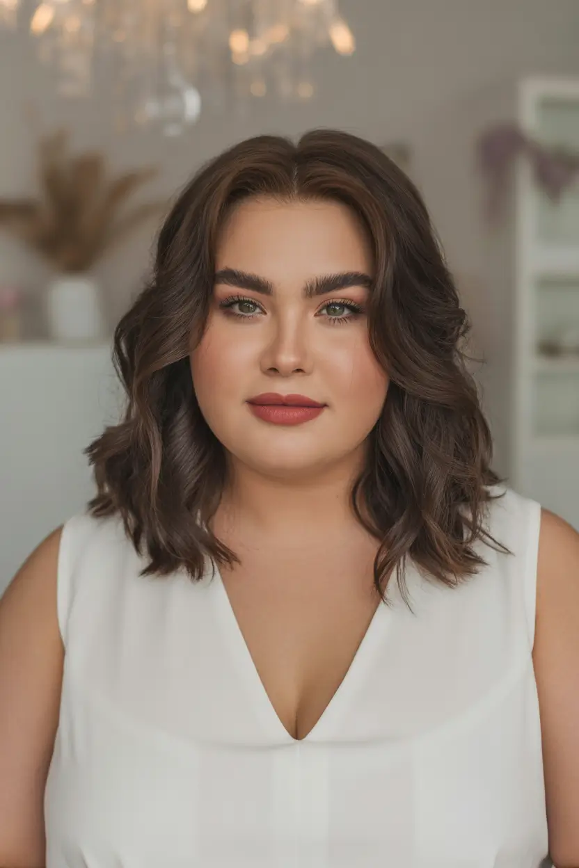 Playful Spring Haircuts for Plus Size Women 2026 Chocolate Mid Length Waves with Soft Center Part