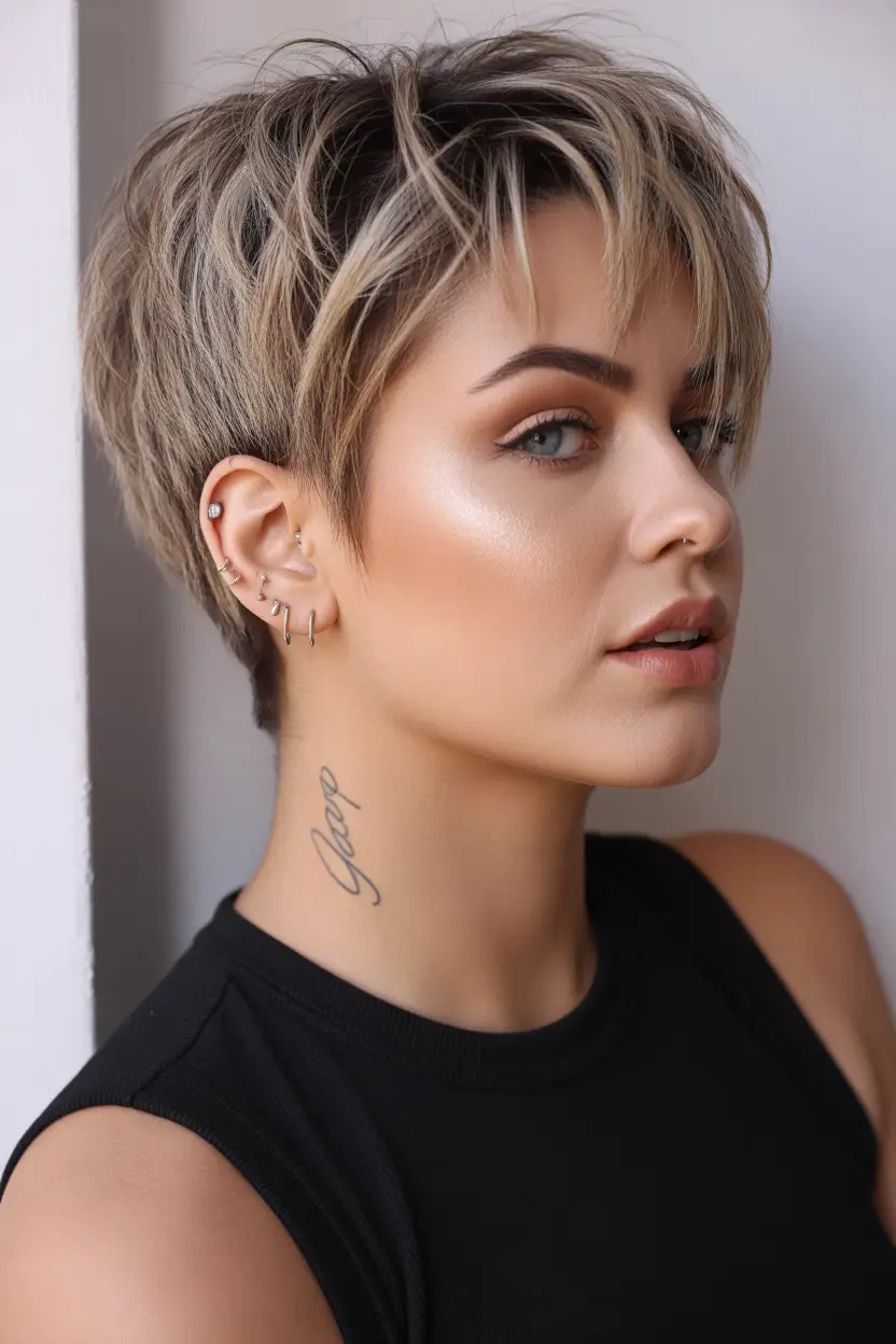 Playful Spring Haircuts for Plus Size Women 2026 Choppy Blonde Pixie with Tousled Texture