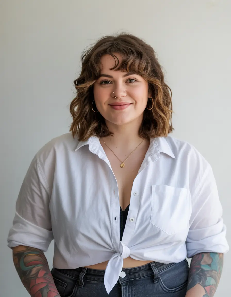 Playful Spring Haircuts for Plus Size Women 2026 Wavy Lob with Fringe and Playful Spring Texture