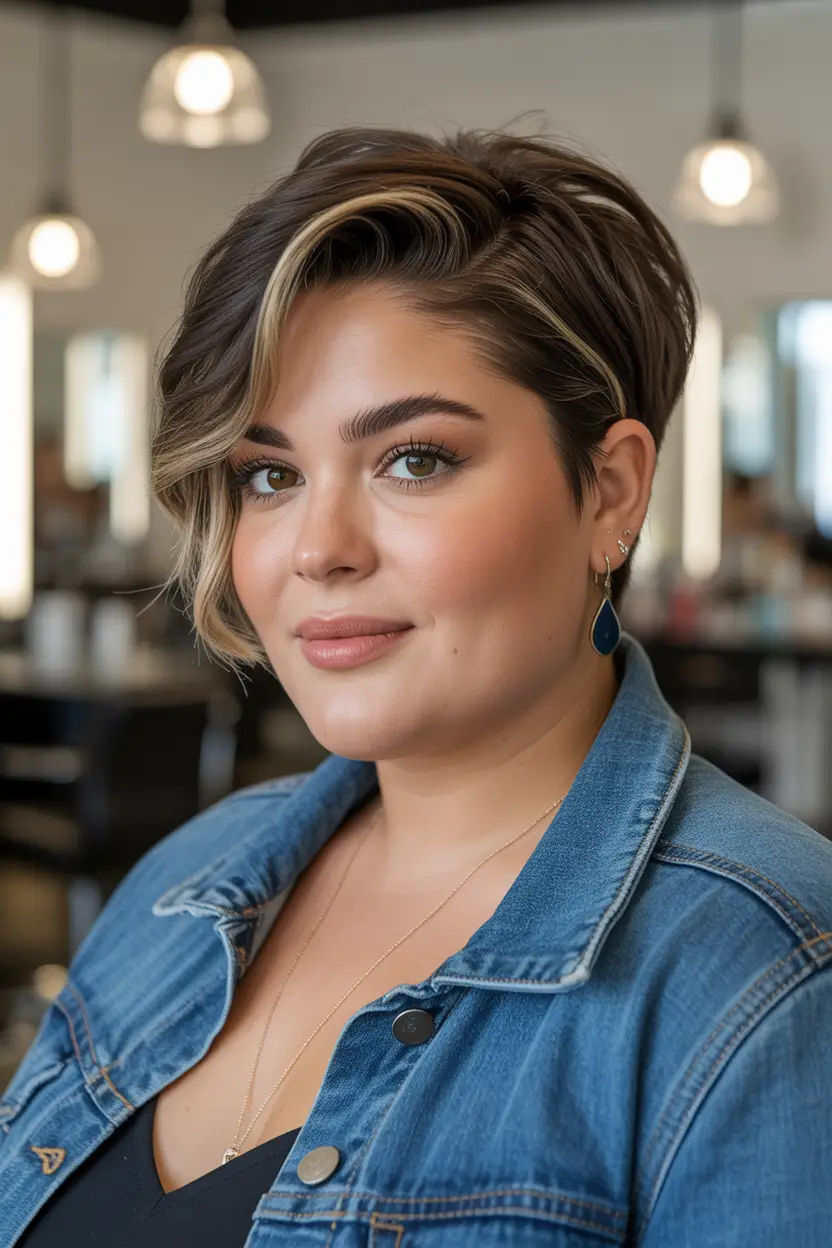 Playful Spring Haircuts for Plus Size Women 2026 Asymmetric Pixie Bob with Soft Blonde Contouring