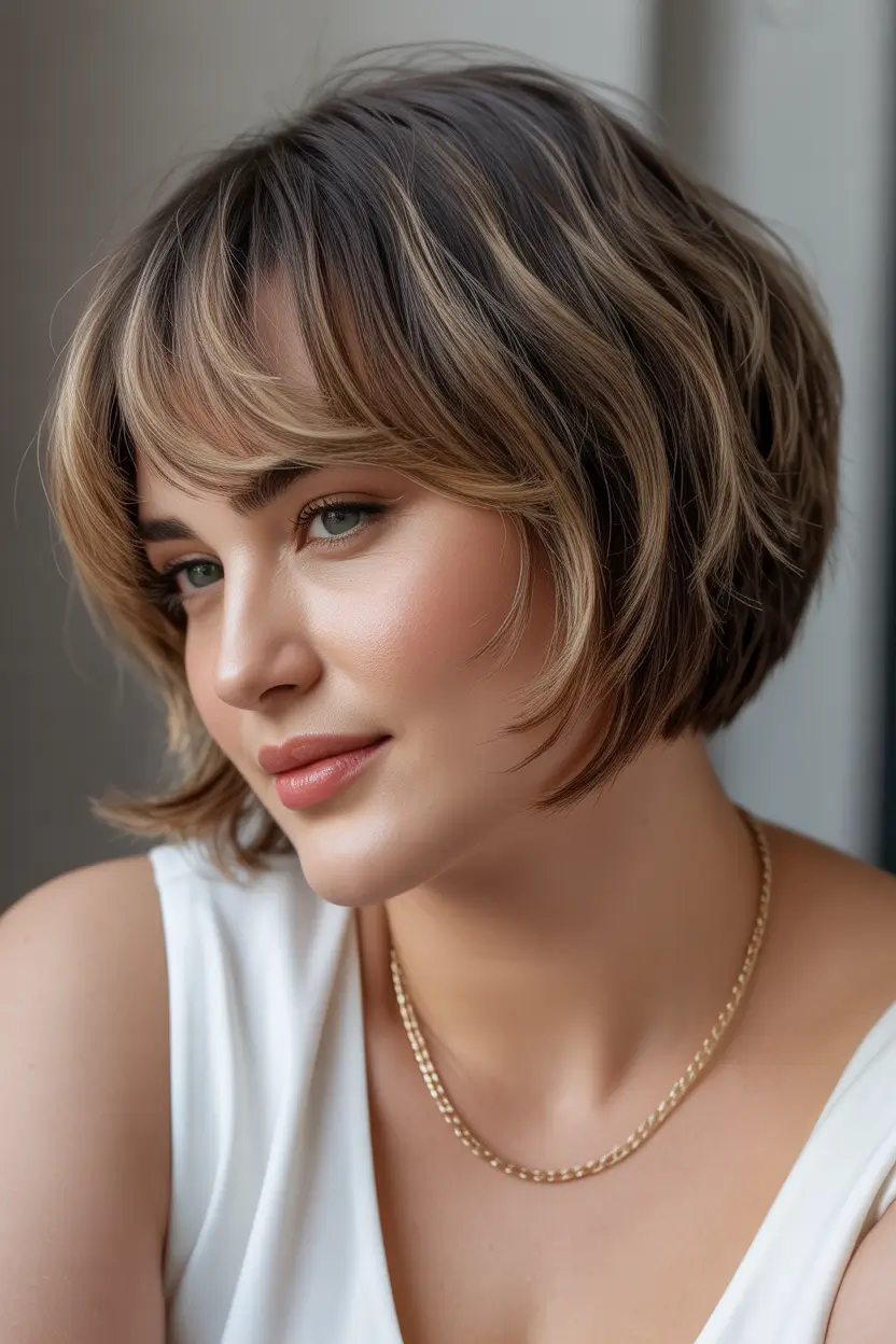 Playful Spring Haircuts for Plus Size Women 2026 Textured Shag Bob with Soft Blonde Feathering