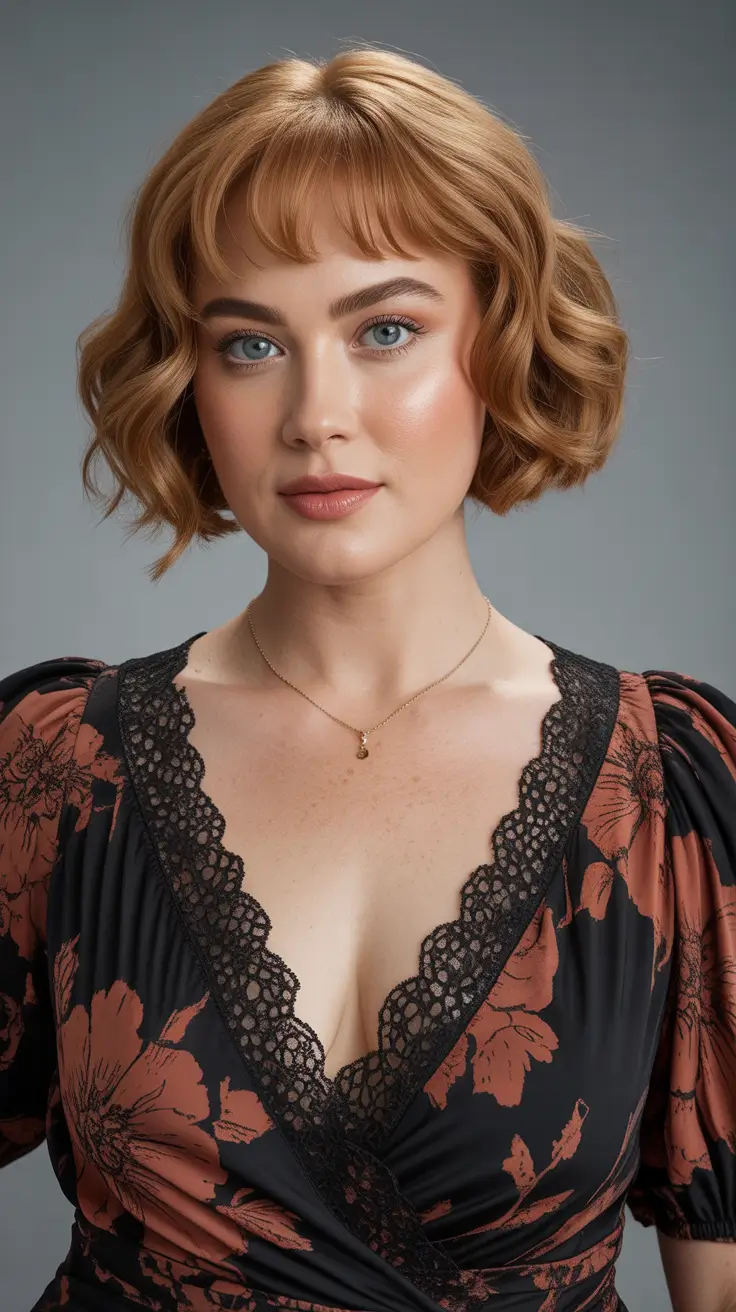 Playful Spring Haircuts for Plus Size Women 2026 Curled Short Bob with Baby Bangs and Retro Charm