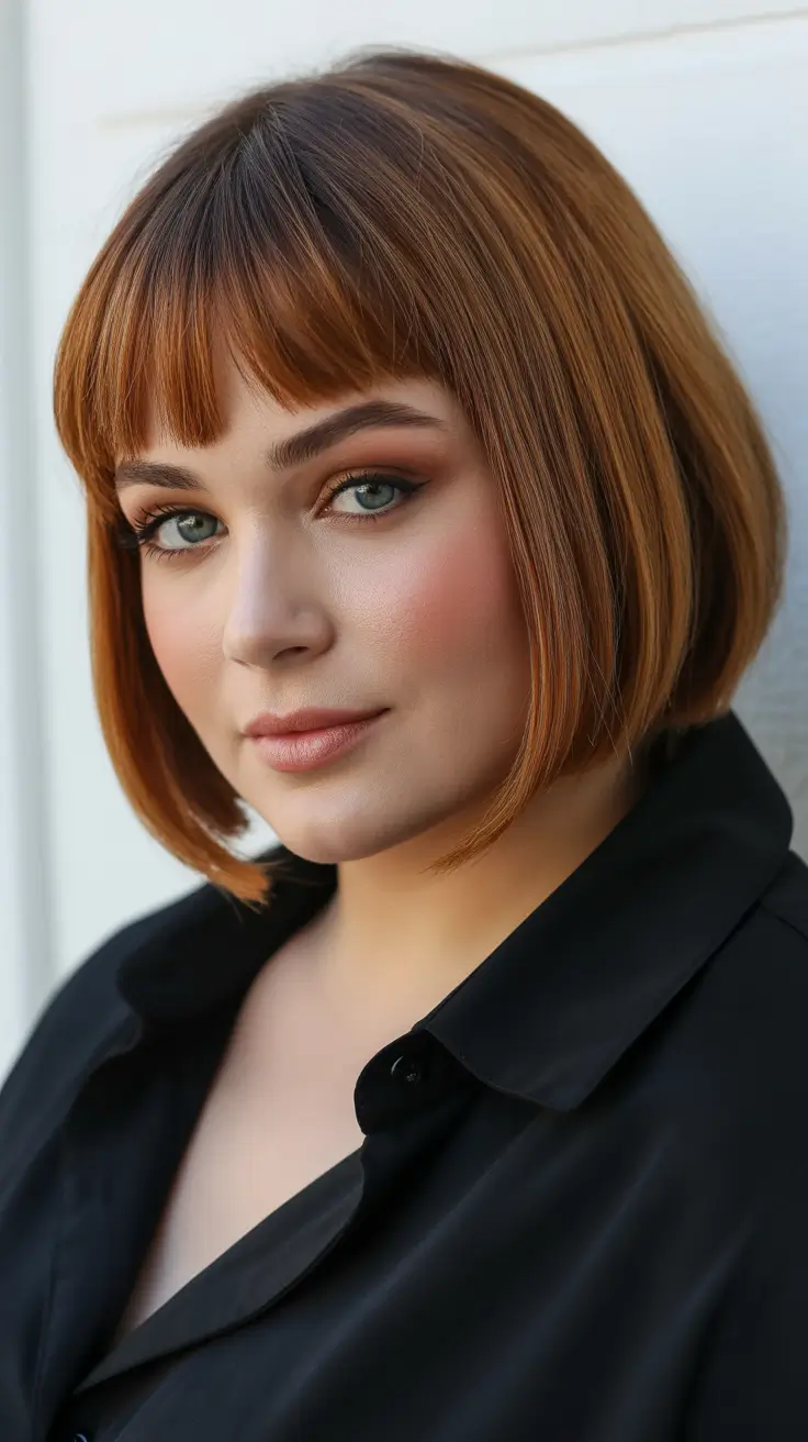 Playful Spring Haircuts for Plus Size Women 2026 Classic Copper Bob with Baby Bangs