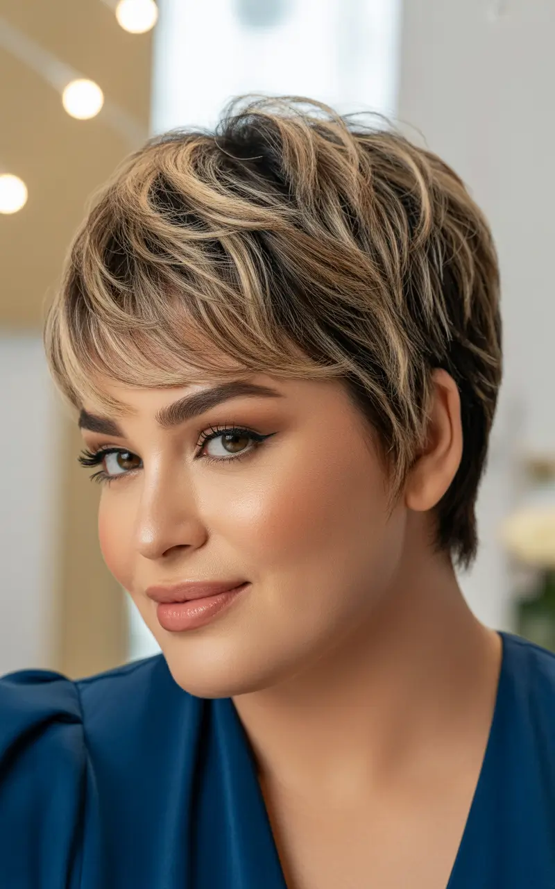 Playful Spring Haircuts for Plus Size Women 2026 Short Feathered Pixie with Sunlit Blonde Dimension