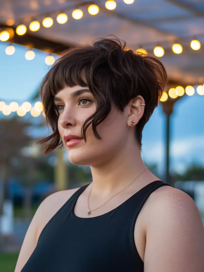 Playful Spring Haircuts for Plus Size Women 2026 Messy Textured Pixie with Curved Fringe