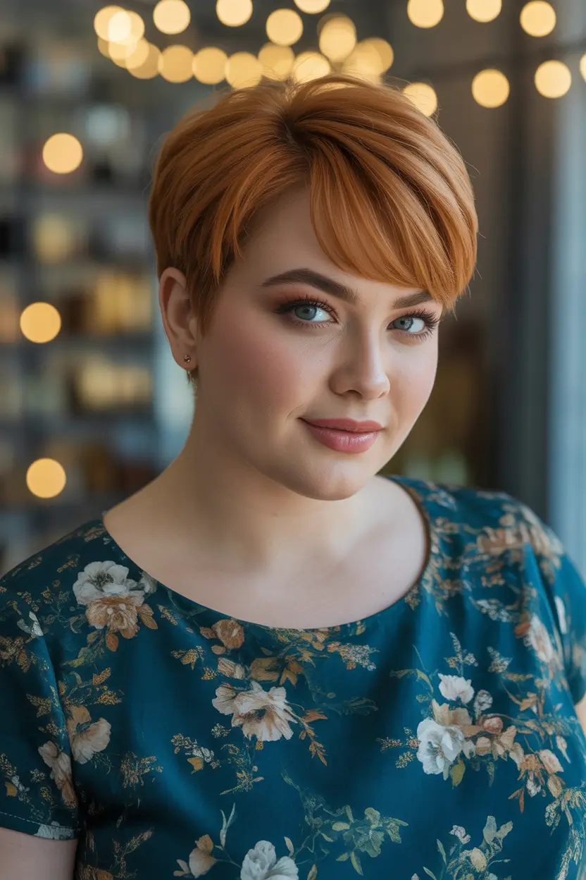Playful Spring Haircuts for Plus Size Women 2026 Warm Ginger Pixie Bob with Swept Fringe