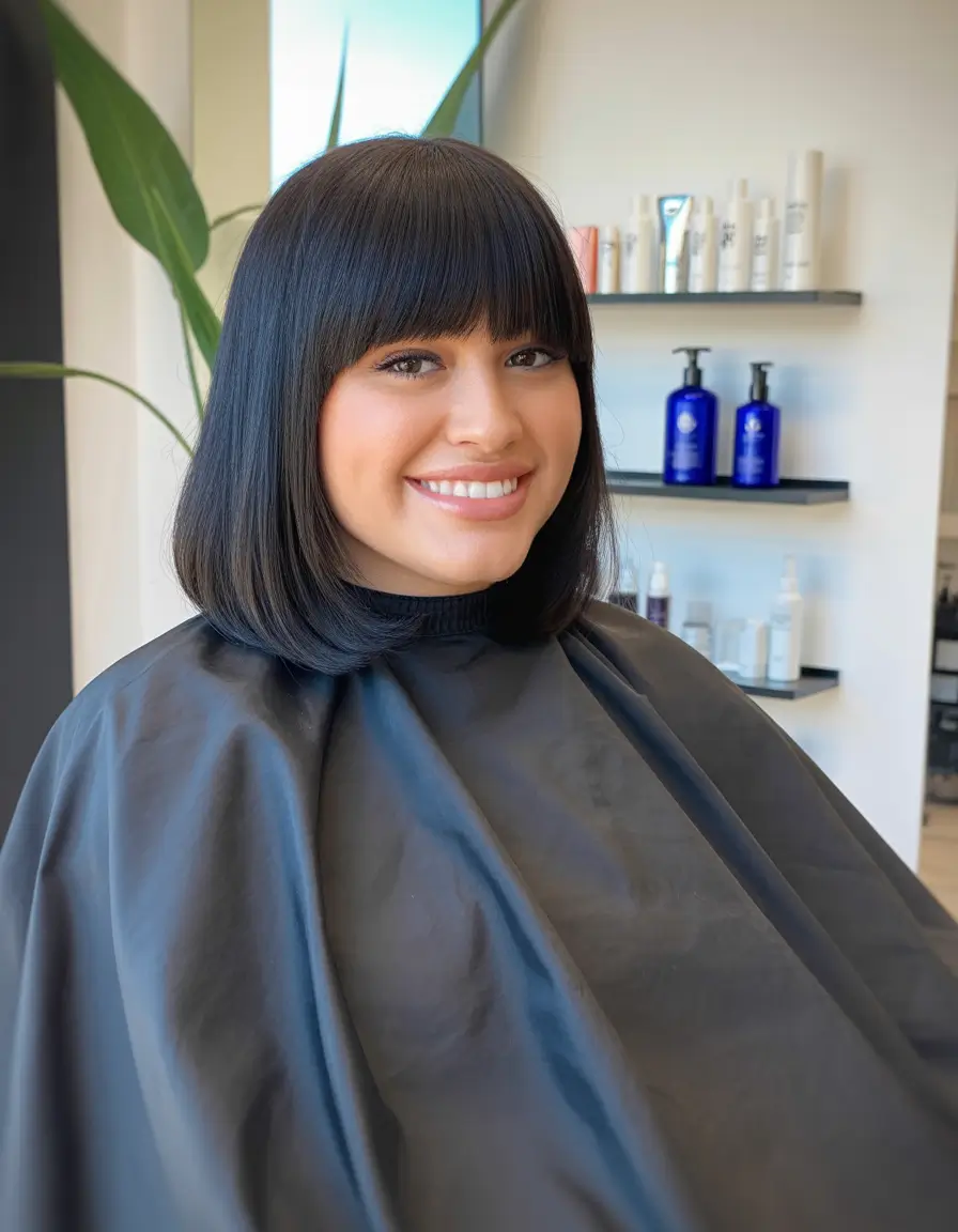 Playful Spring Haircuts for Plus Size Women 2026 Sleek Shoulder-Length Cut with Full Bangs