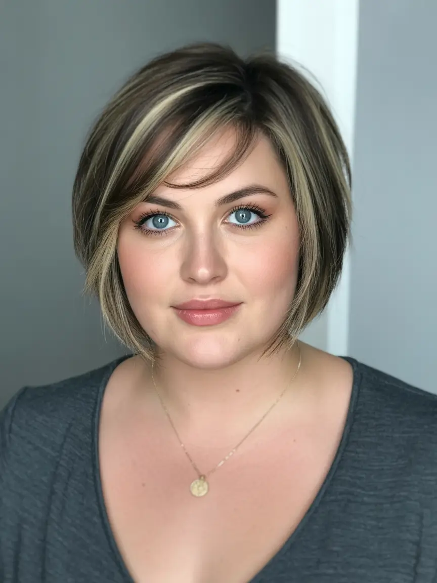 Playful Spring Haircuts for Plus Size Women 2026 Layered Chin Length Bob with Soft Highlight Ribbons
