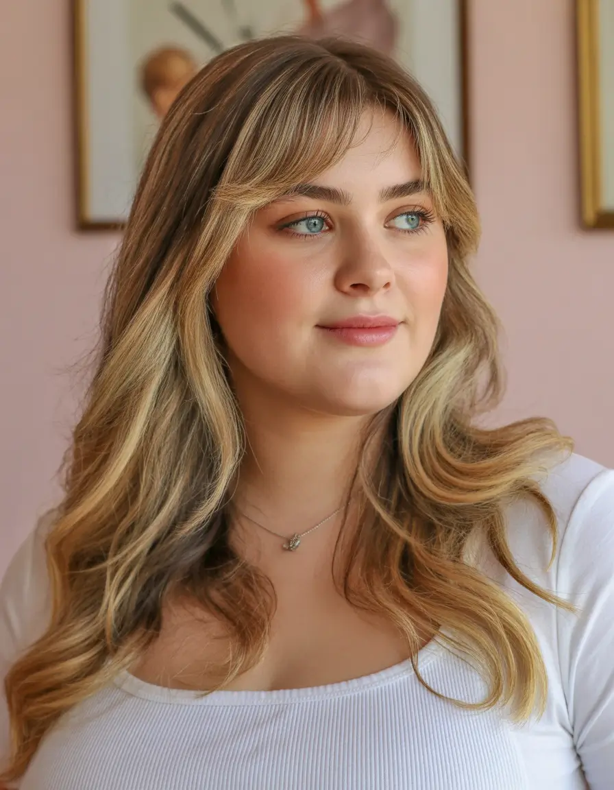 Playful Spring Haircuts for Plus Size Women 2026 Long Soft Waves with Curtain Bangs