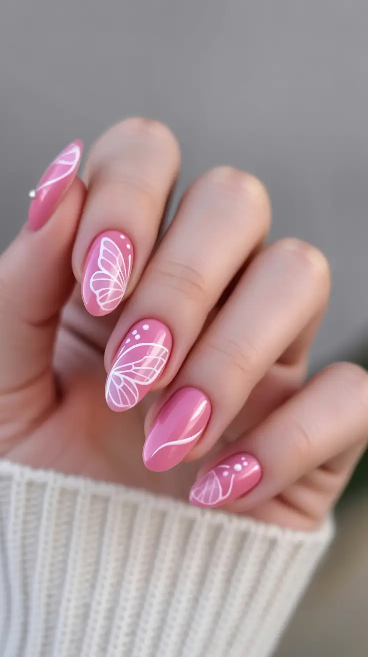 playful spring nail inspo 2026 Pink Butterfly Almond Whispers