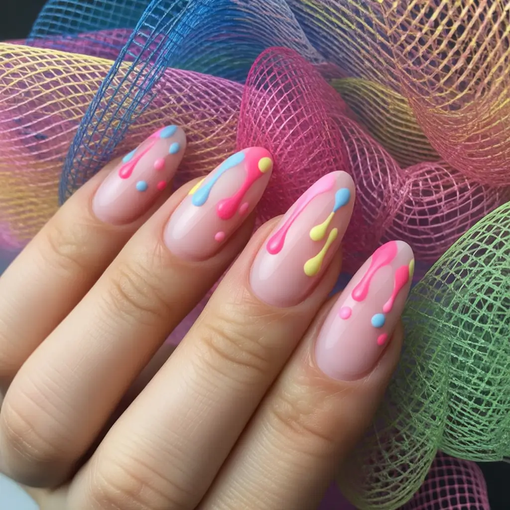 playful spring nail inspo 2026 Neon Drip Almond Fun Splash