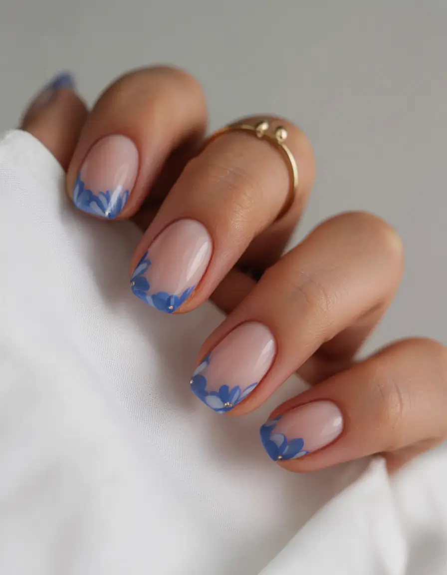 playful spring nail inspo 2026 Blue Blossom Short French