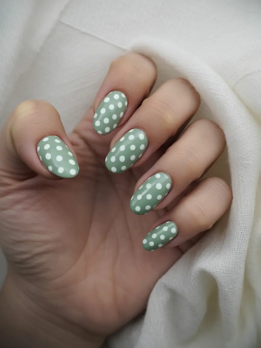 playful spring nail inspo 2026 Soft Green Polka Almond Play