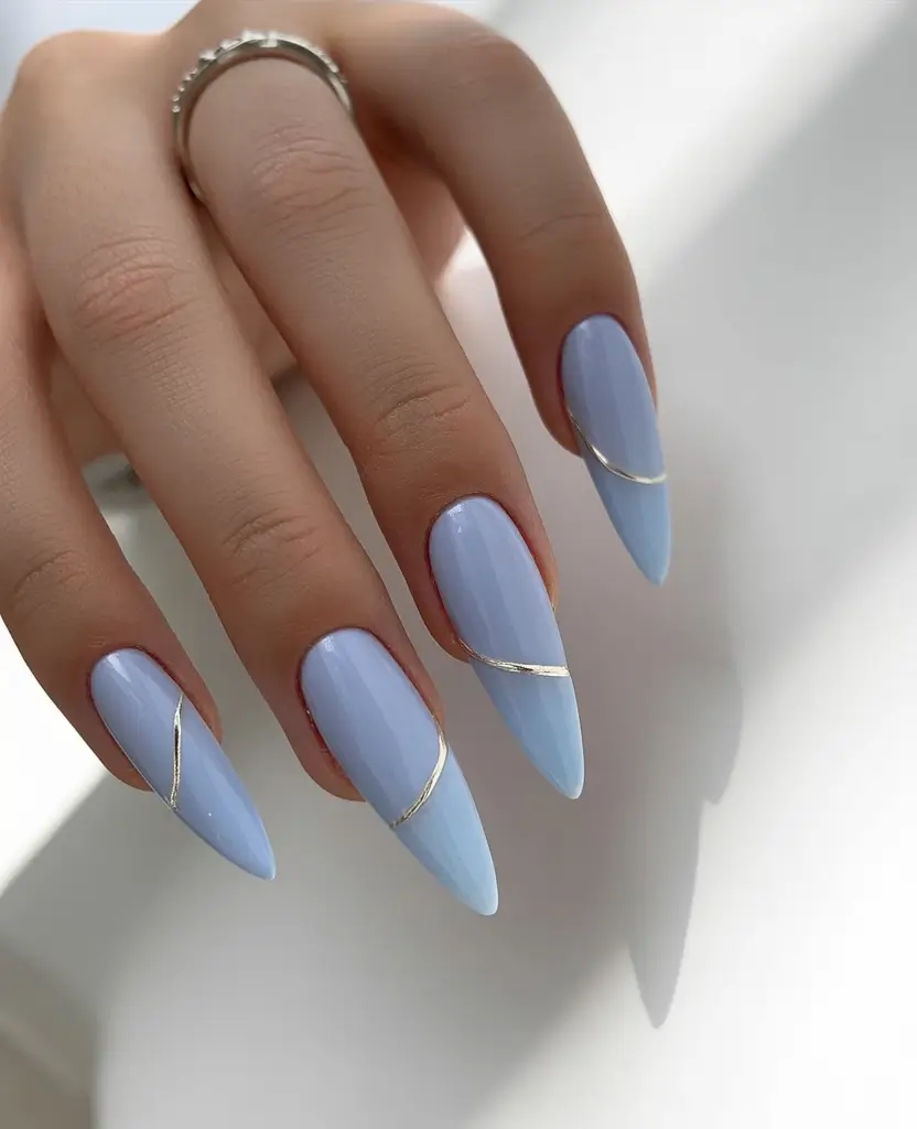playful spring nail inspo 2026 Ice Blue Almond Lines of Light