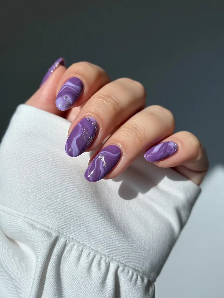 pretty fun spring nails 2026 Purple Marble Waves for a Soft Artistic Spring Moment