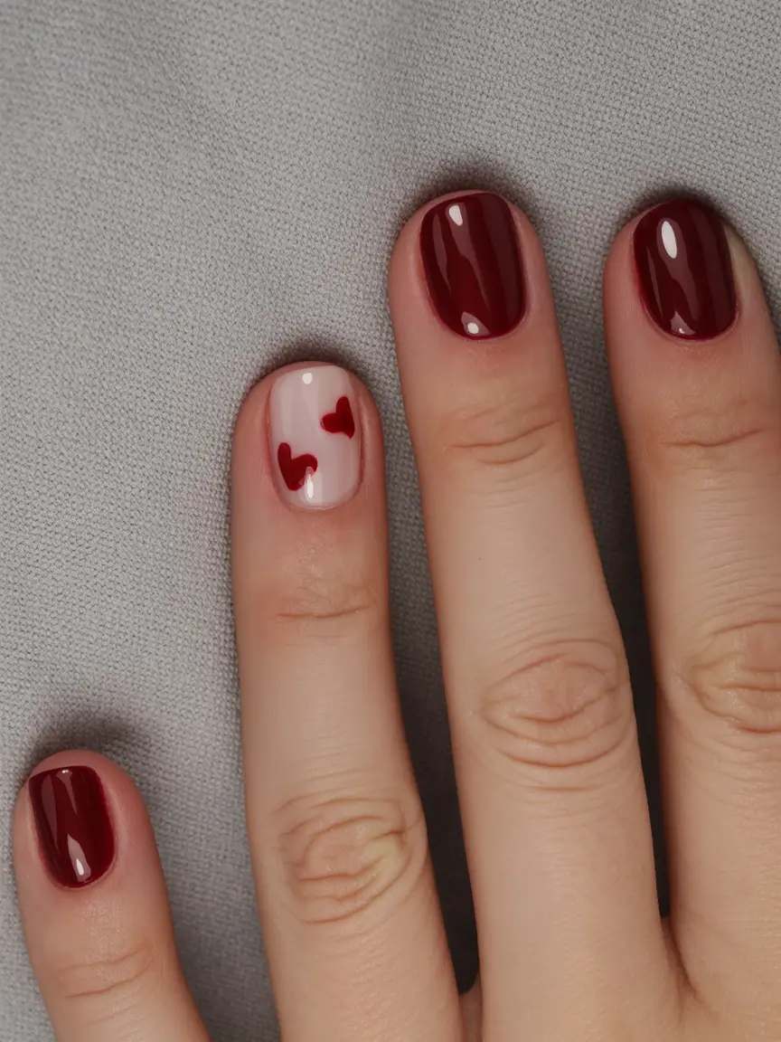 pretty fun spring nails 2026 Deep Cherry Red with Minimal Heart Accents for a Warm Spring Contrast