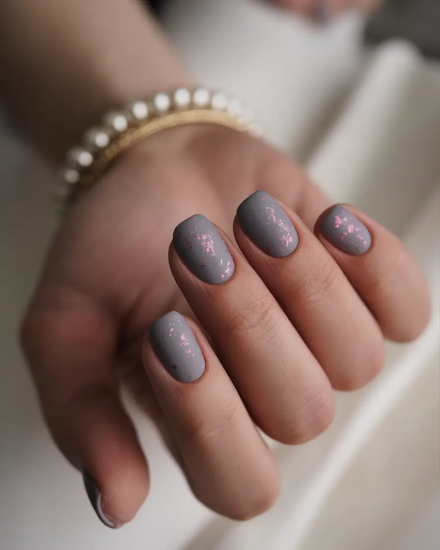 pretty fun spring nails 2026 Smoky Gray with Soft Pink Flecks for Subtle Evening Spring Elegance