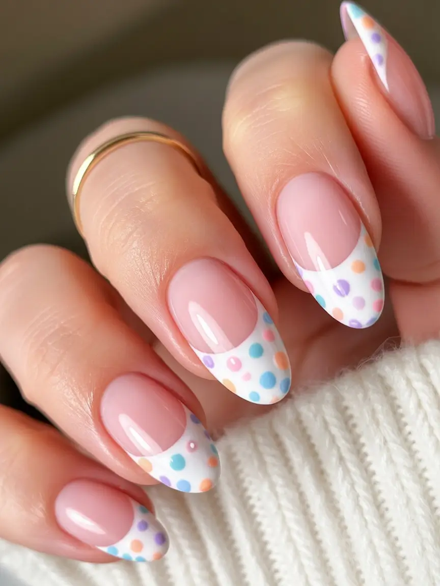 pretty fun spring nails 2026 Playful Pastel French Tips with Confetti Dots for a Lighthearted Spring Look