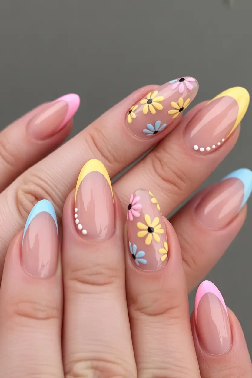 pretty fun spring nails 2026 Pastel Floral French Tips with Playful Spring Petals