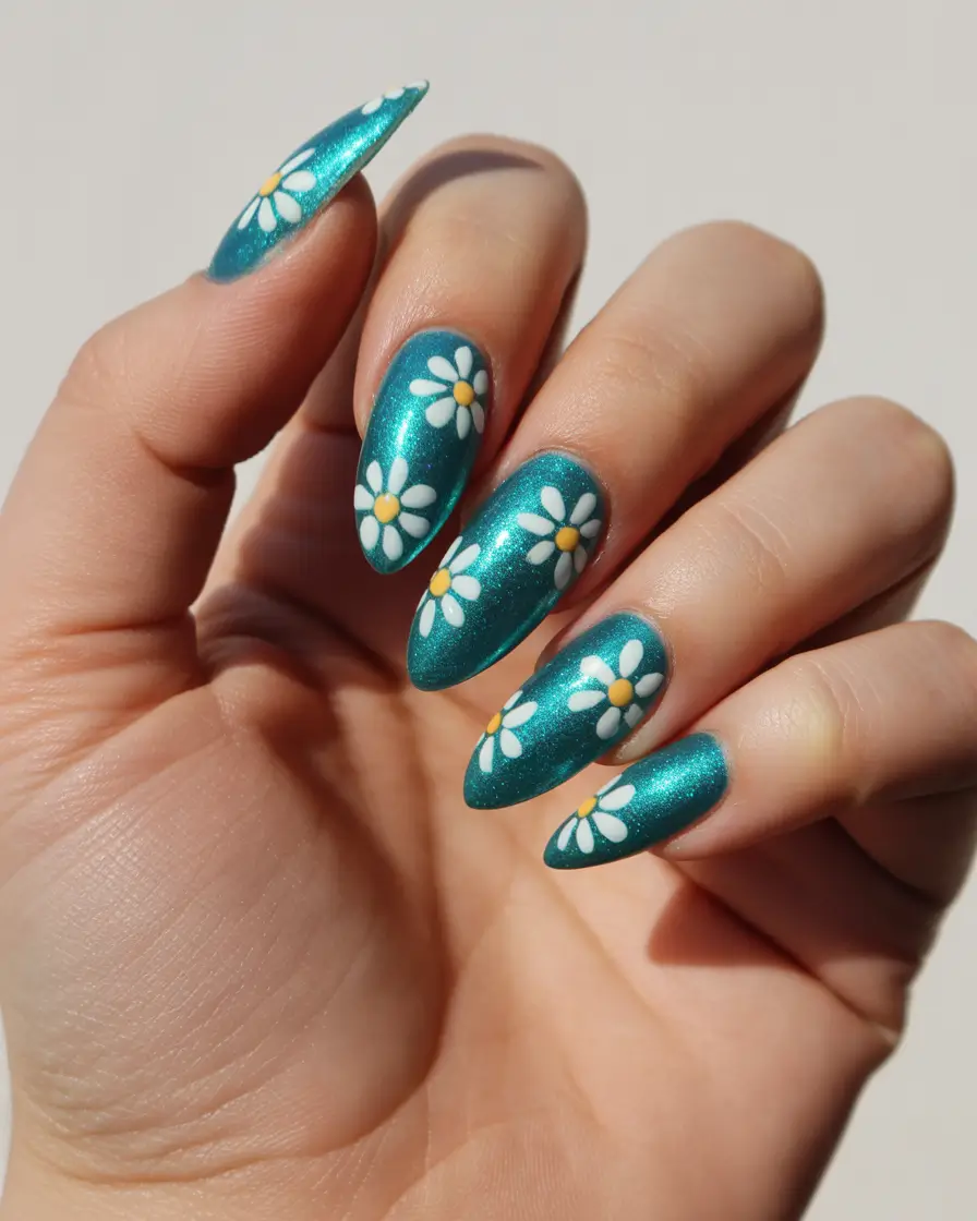 pretty fun spring nails 2026 Shimmering Teal Florals for a Bold Spring Glow