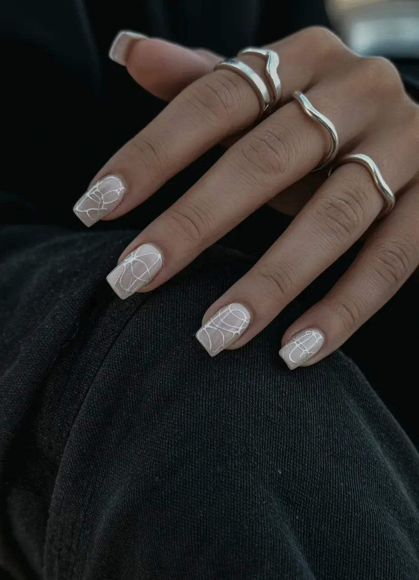 pretty fun spring nails 2026 Soft White Abstract Lines on a Minimal Short Square Base