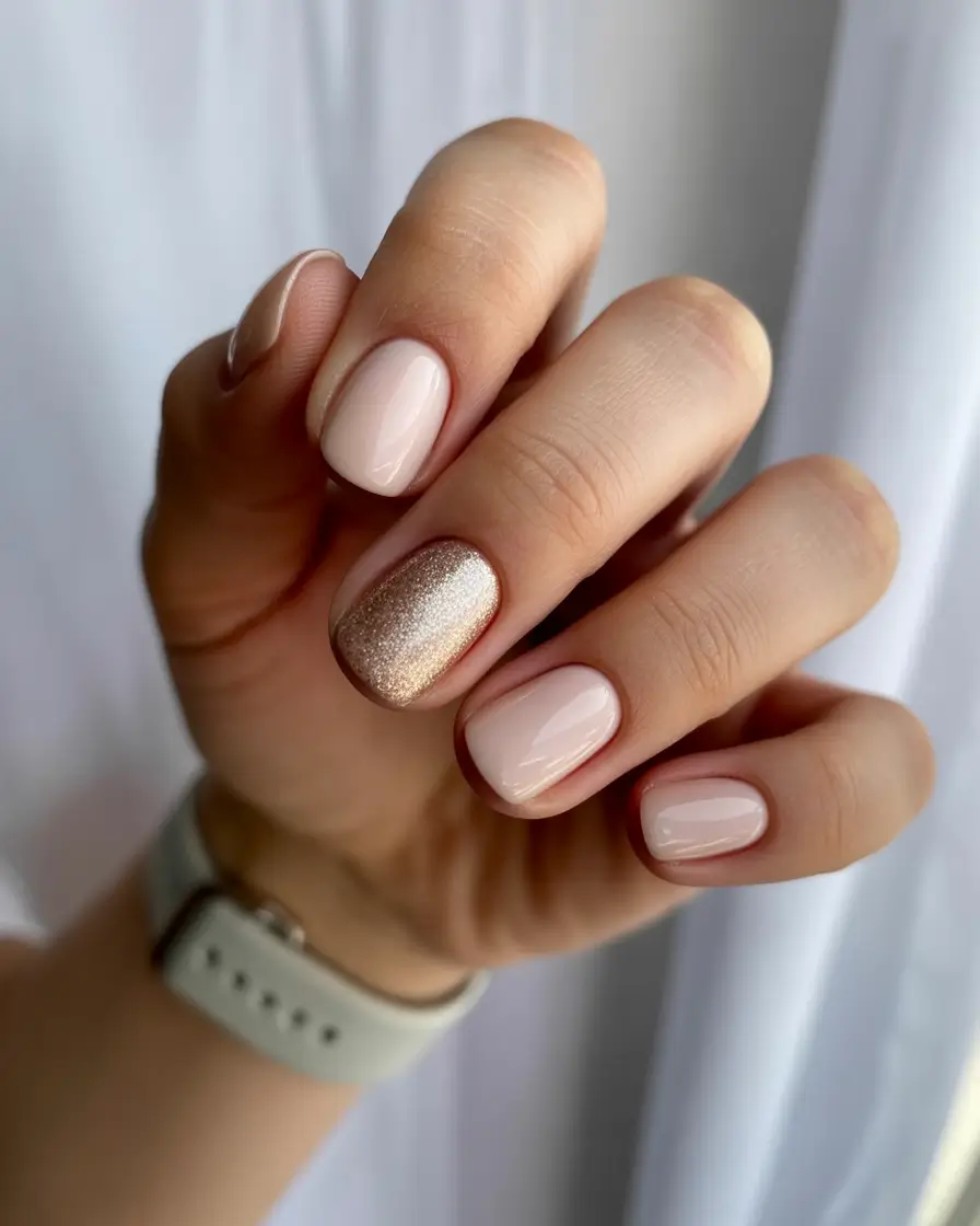 pretty fun spring nails 2026 Soft Nude with a Golden Accent for a Chic Spring Minimalist Look