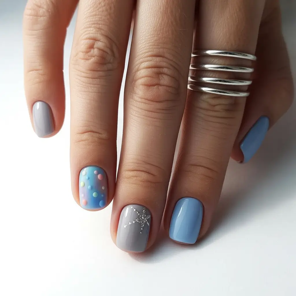 pretty fun spring nails 2026 Pastel Pops and Silver Sparkle on a Soft Spring Palette