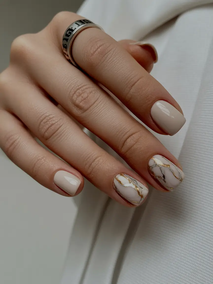 pretty fun spring nails 2026 Minimal Marble Accents with a Touch of Gold for a Luxe Spring Finish