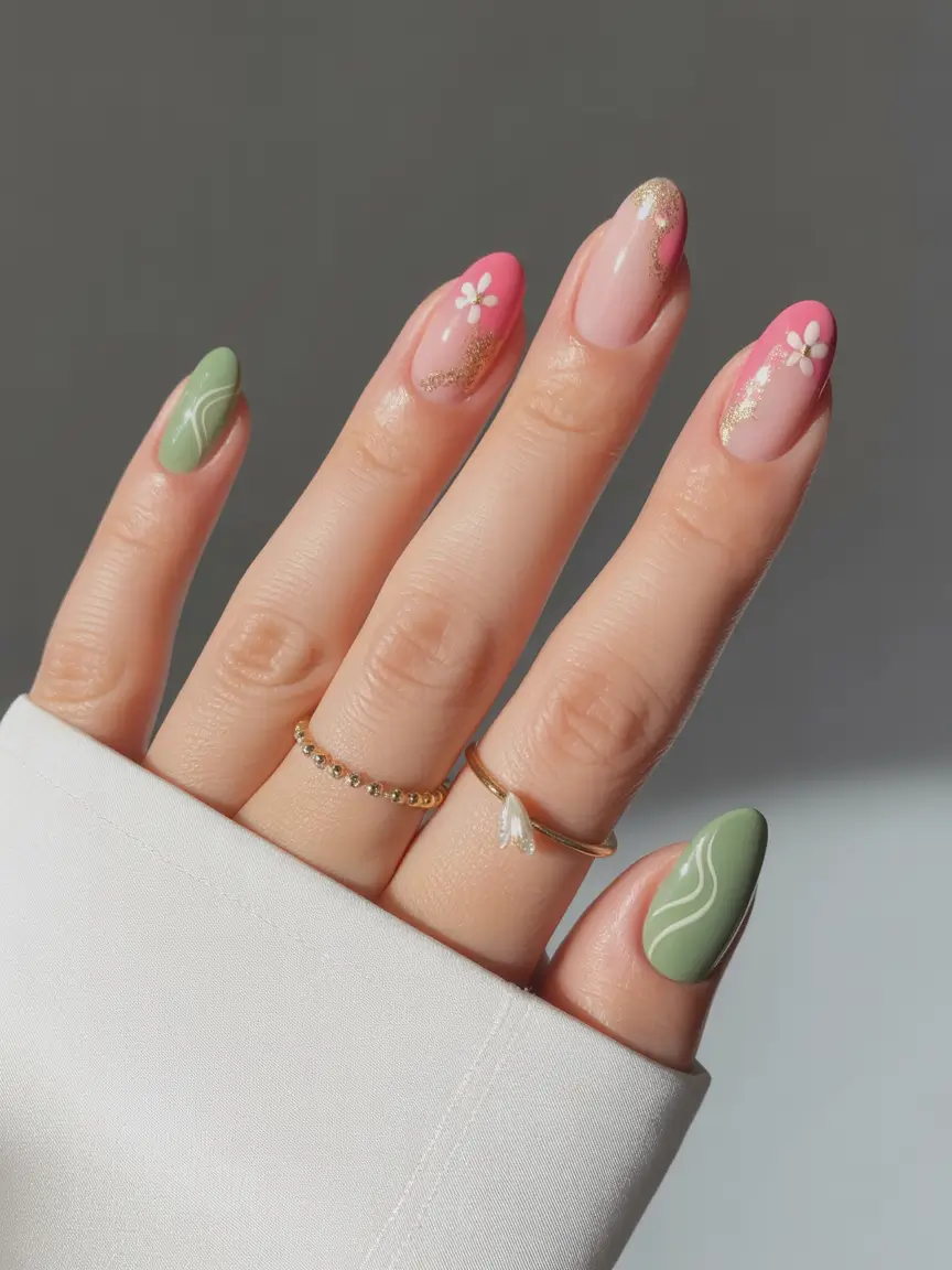 pretty fun spring nails 2026 Spring Garden Pop Art in Pink and Sage