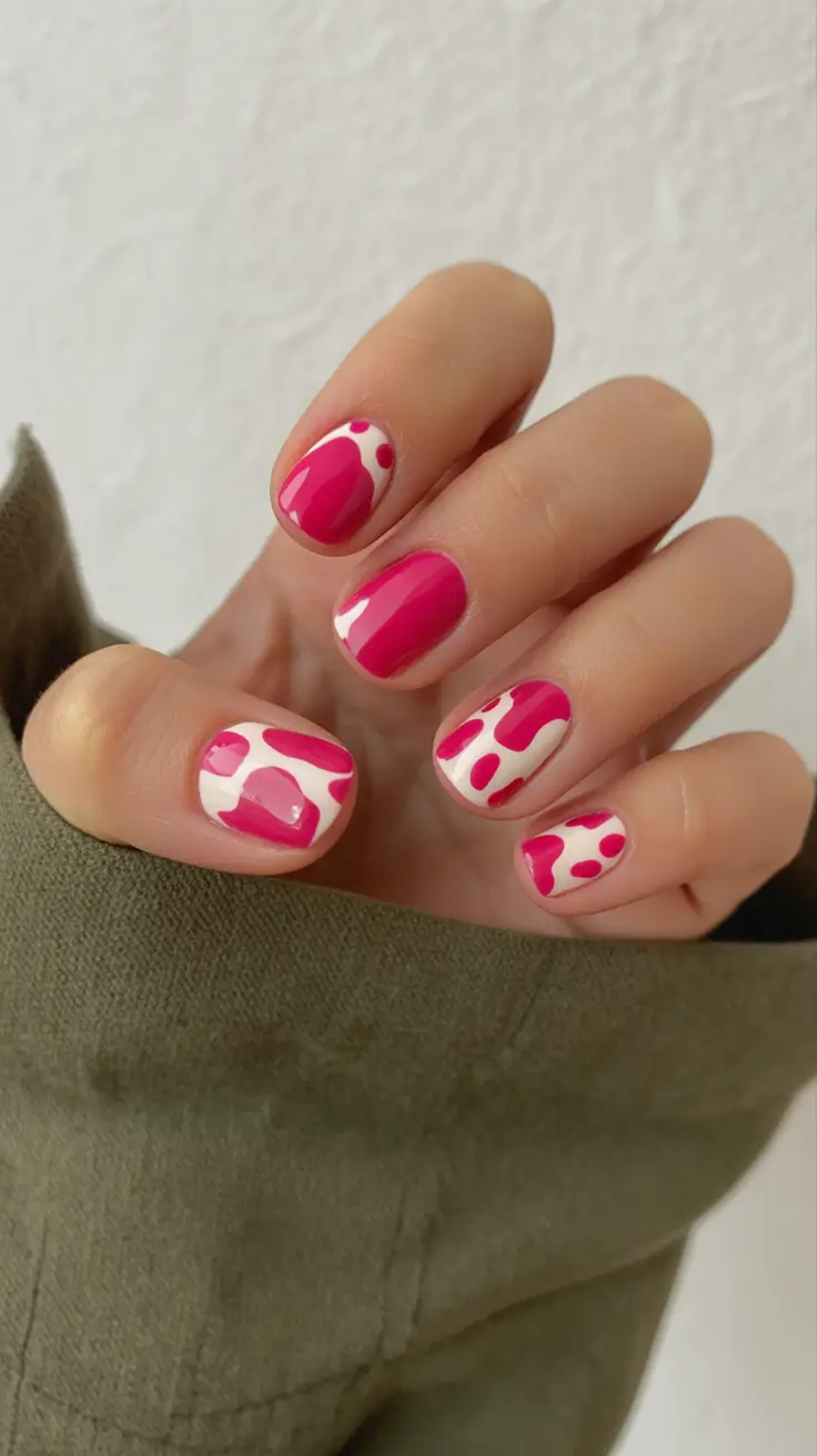 pretty fun spring nails 2026 Hot Pink Splash Art on a Short Playful Base