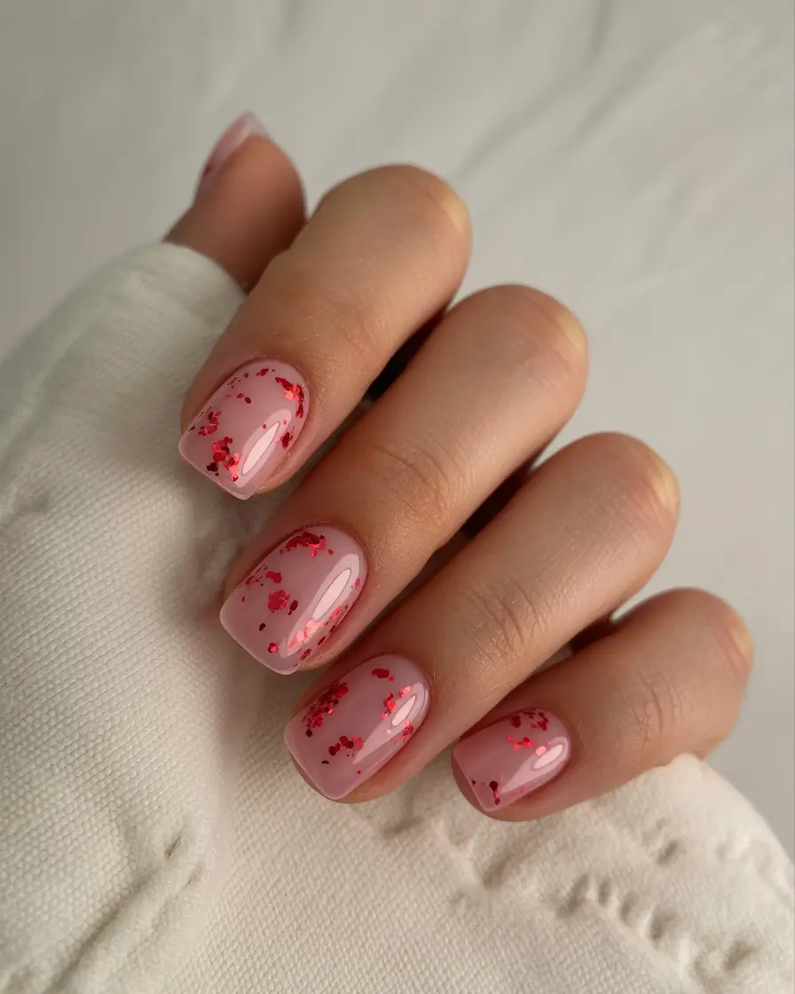 pretty fun spring nails 2026 Soft Pink Short Nails with Cheerful Red Glitter Accents