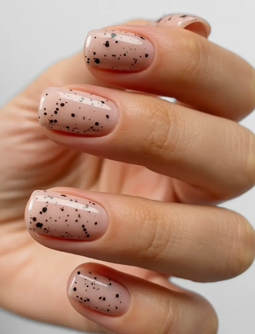 pretty fun spring nails 2026 Neutral Short Nails with Modern Black Speckled Details