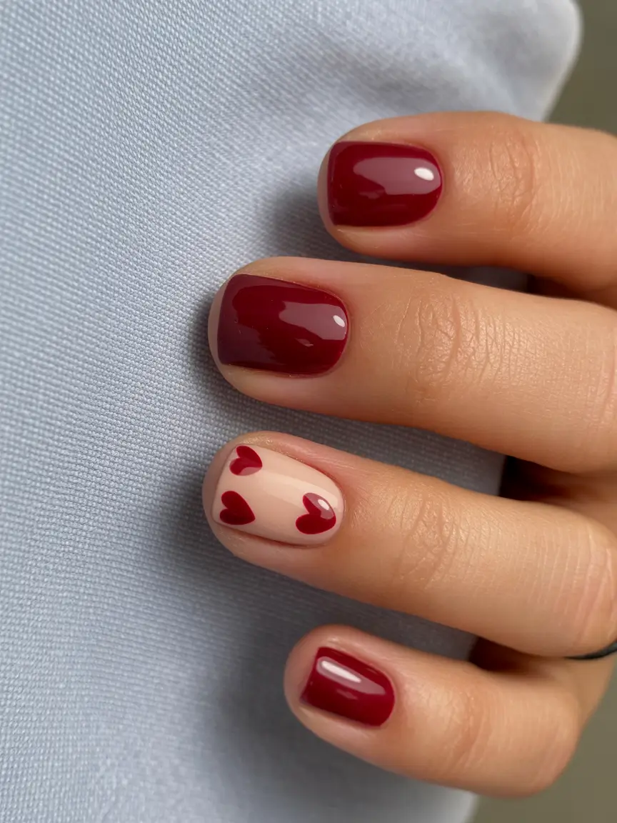 pretty spring nails square ideas 2026 Glossy Cherry Red Square Short With Playful Hearts