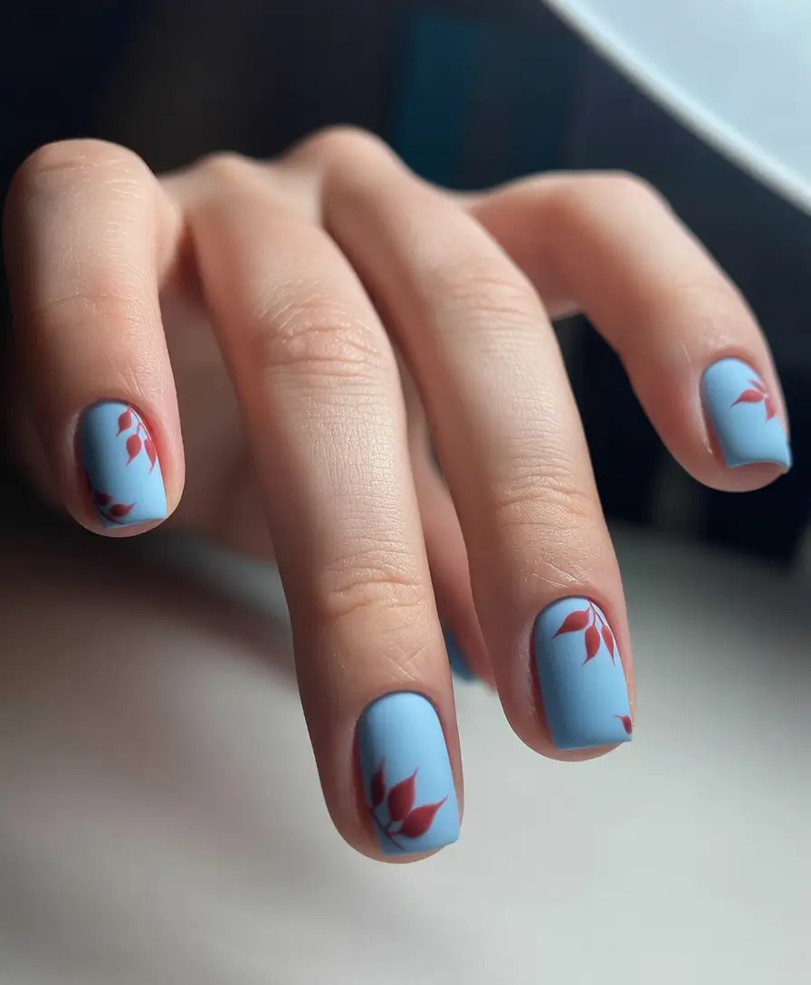 pretty spring nails square ideas 2026 Sky Blue Short Square With Red Leaf Detail