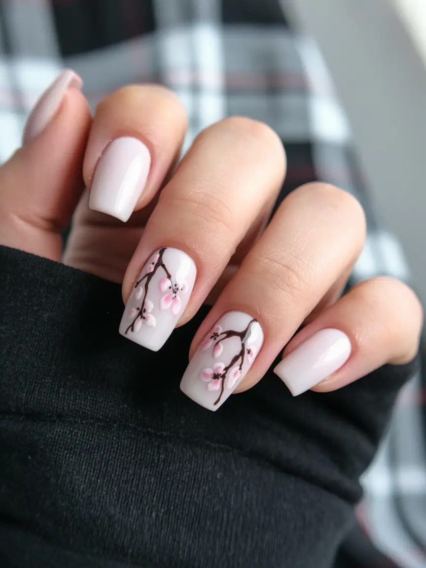 pretty spring nails square ideas 2026 Soft White Square With Cherry Blossom Art