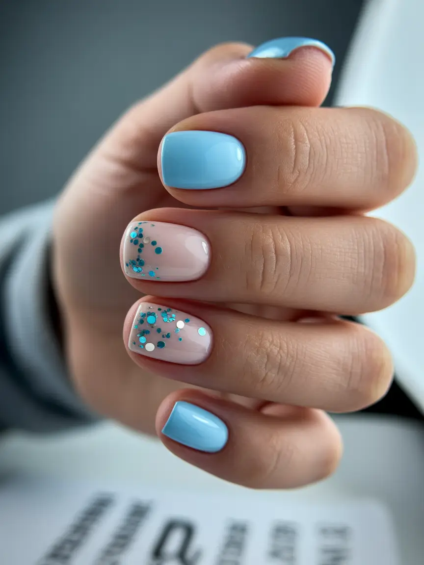 pretty spring nails square ideas 2026 Baby Blue And Glitter Accent Short Square