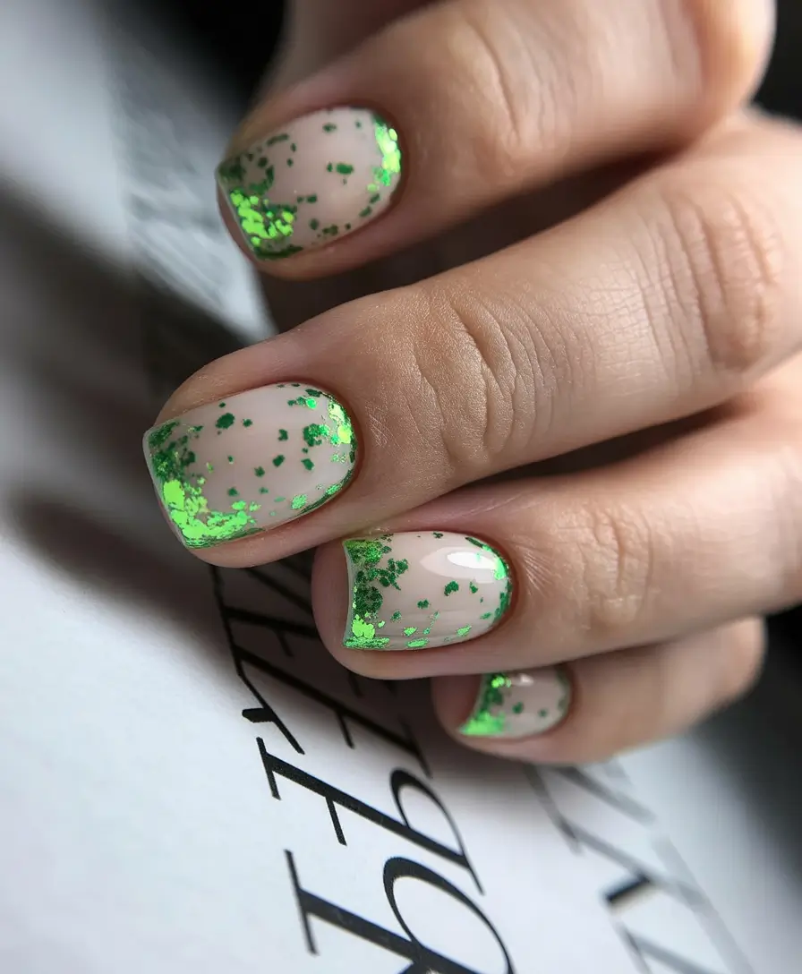 pretty spring nails square ideas 2026 Sheer Nude With Emerald Foil Square