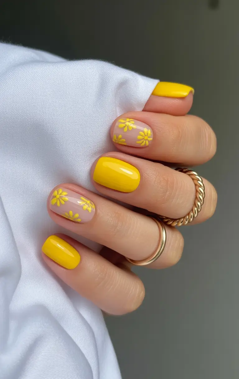 pretty spring nails square ideas 2026 Sunny Yellow Daisy Short Square